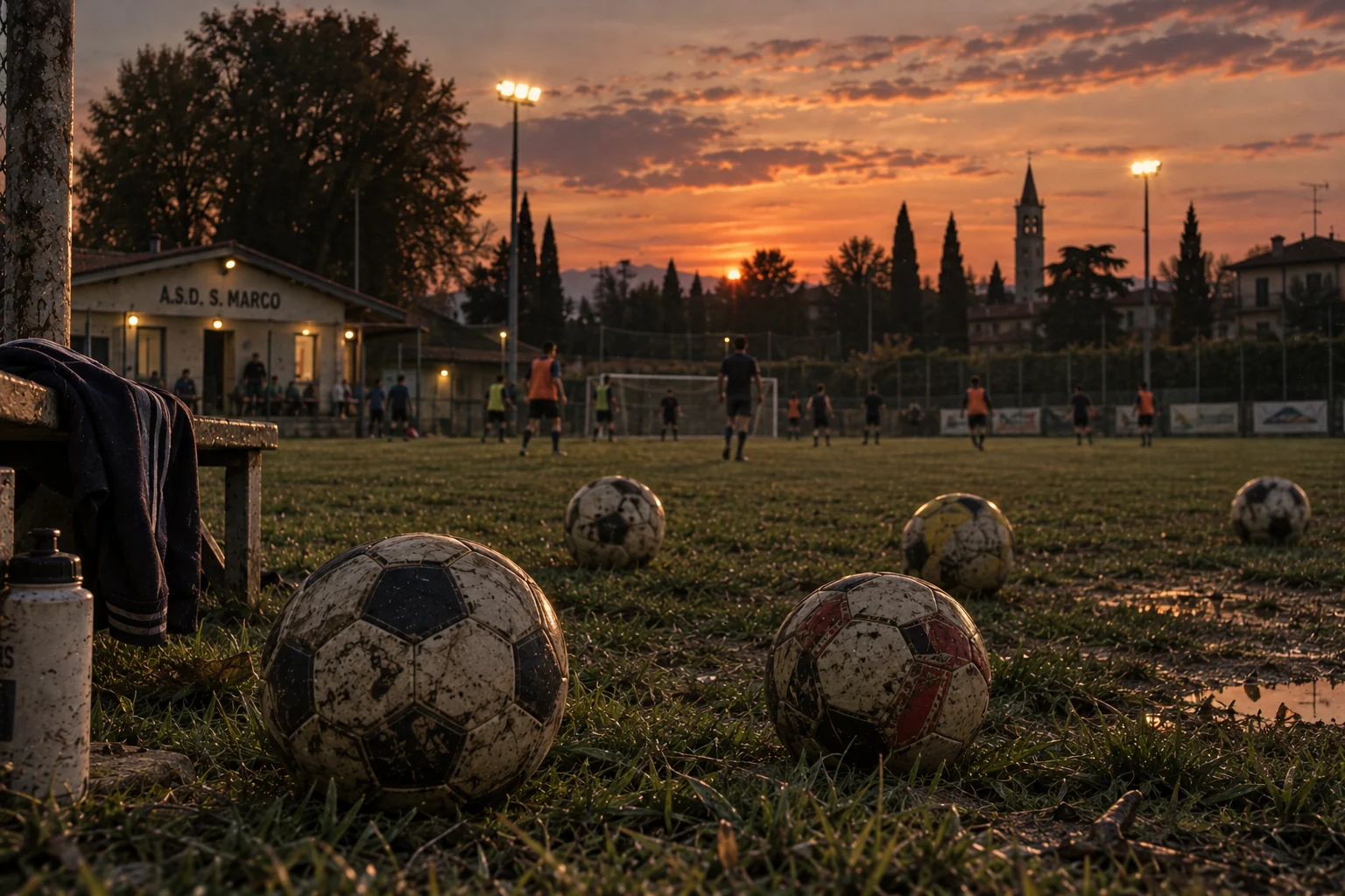 Palloni da calcio usurati recuperati su un campo al tramonto