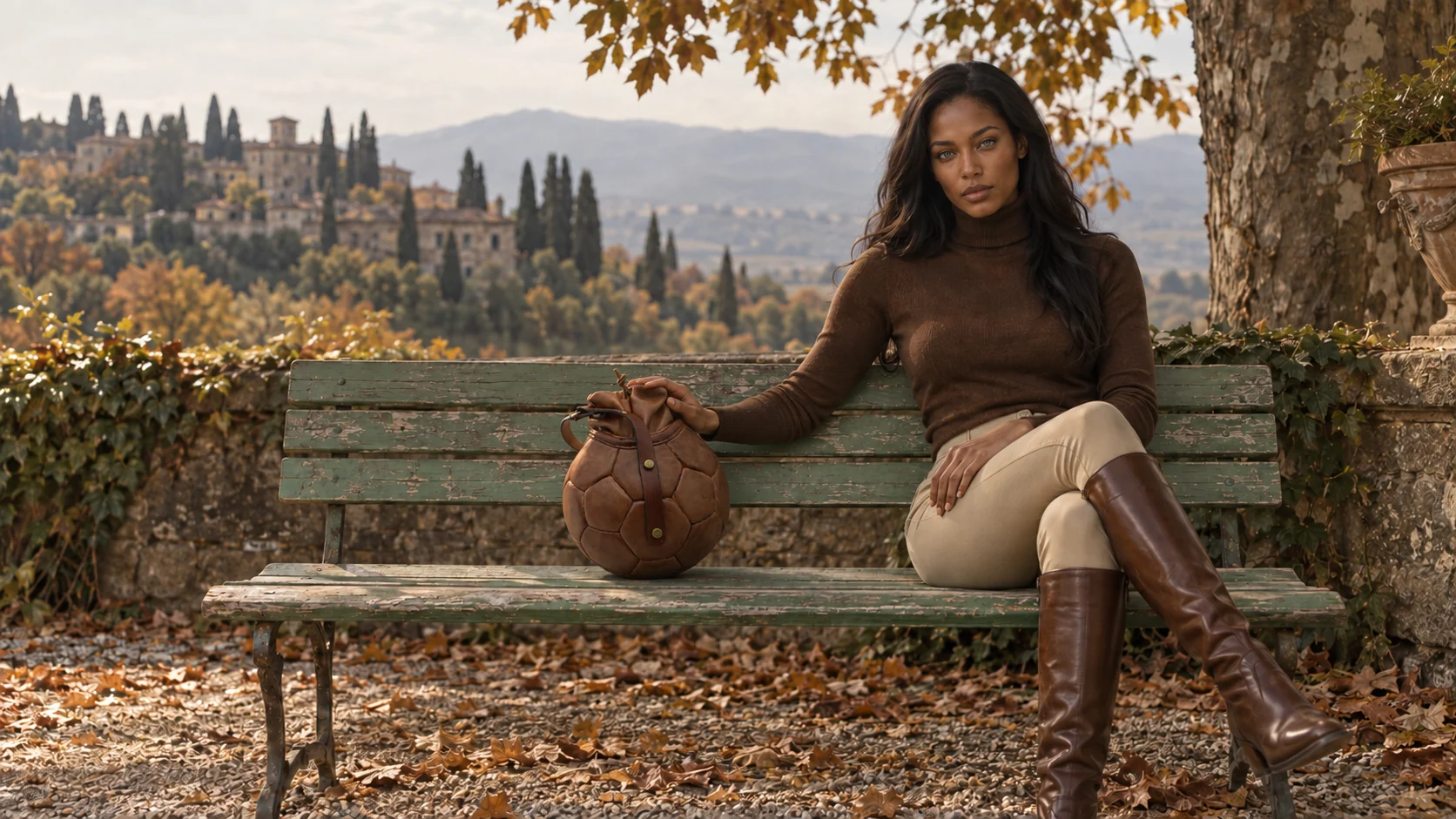 Donna seduta su una panchina con PANGAEA Round Bag marrone, borsa artigianale ricavata da un pallone recuperato