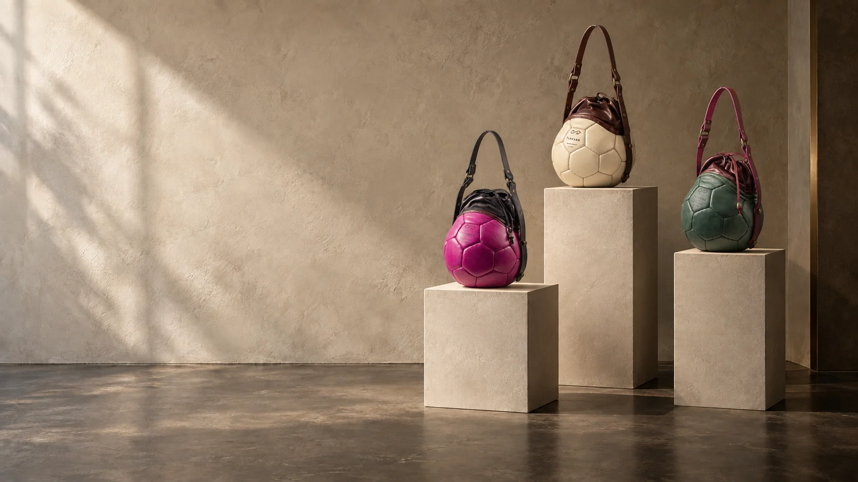 Tre PANGAEA Round Bag fucsia, in pelle naturale e verde esposte su piedistalli